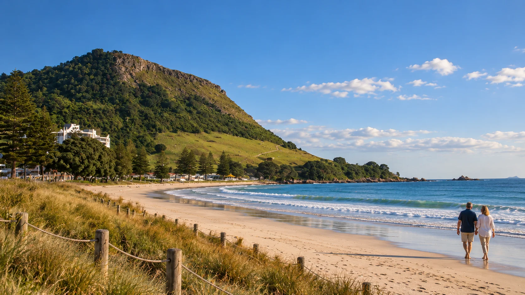 Mauao above Main Beach, with an illustrative couple walking beside the ocean